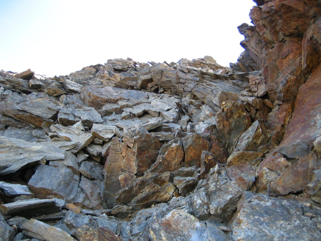 The terrain in the upper third of the ridge, where flying rocks are rife